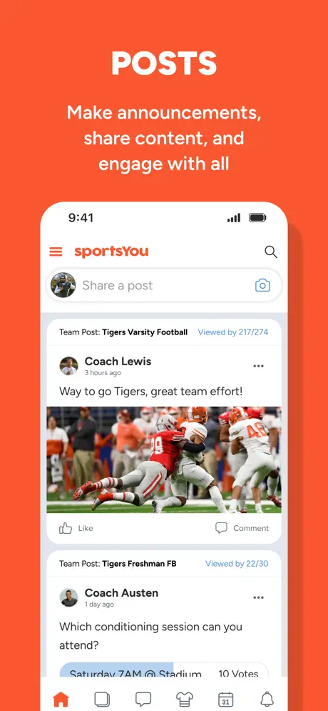 sportsYou Posts screen — team announcements and content feed