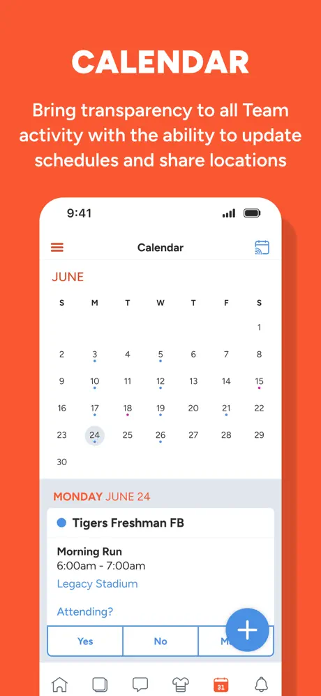 sportsYou Calendar screen — team schedule and event management