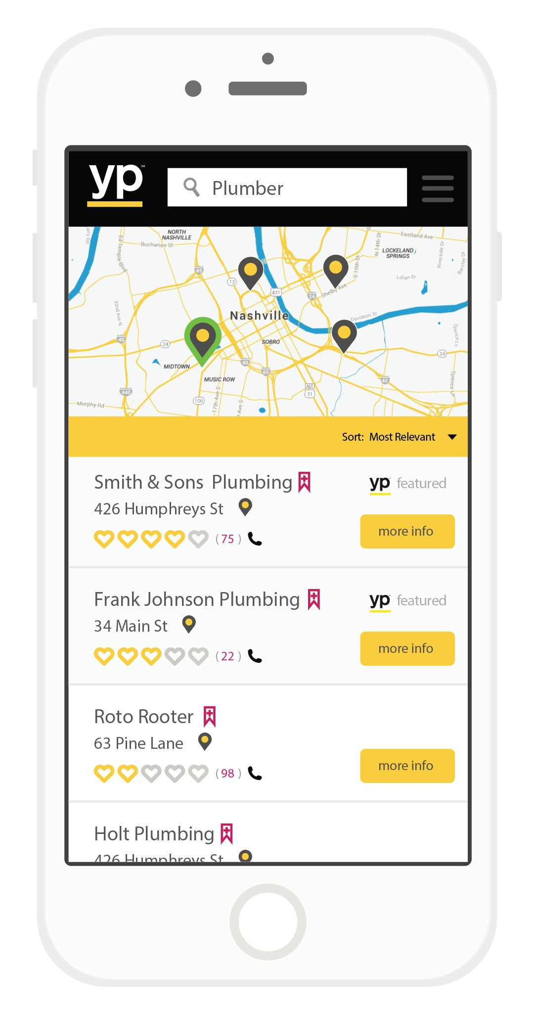 YP mobile local search — plumber results with map